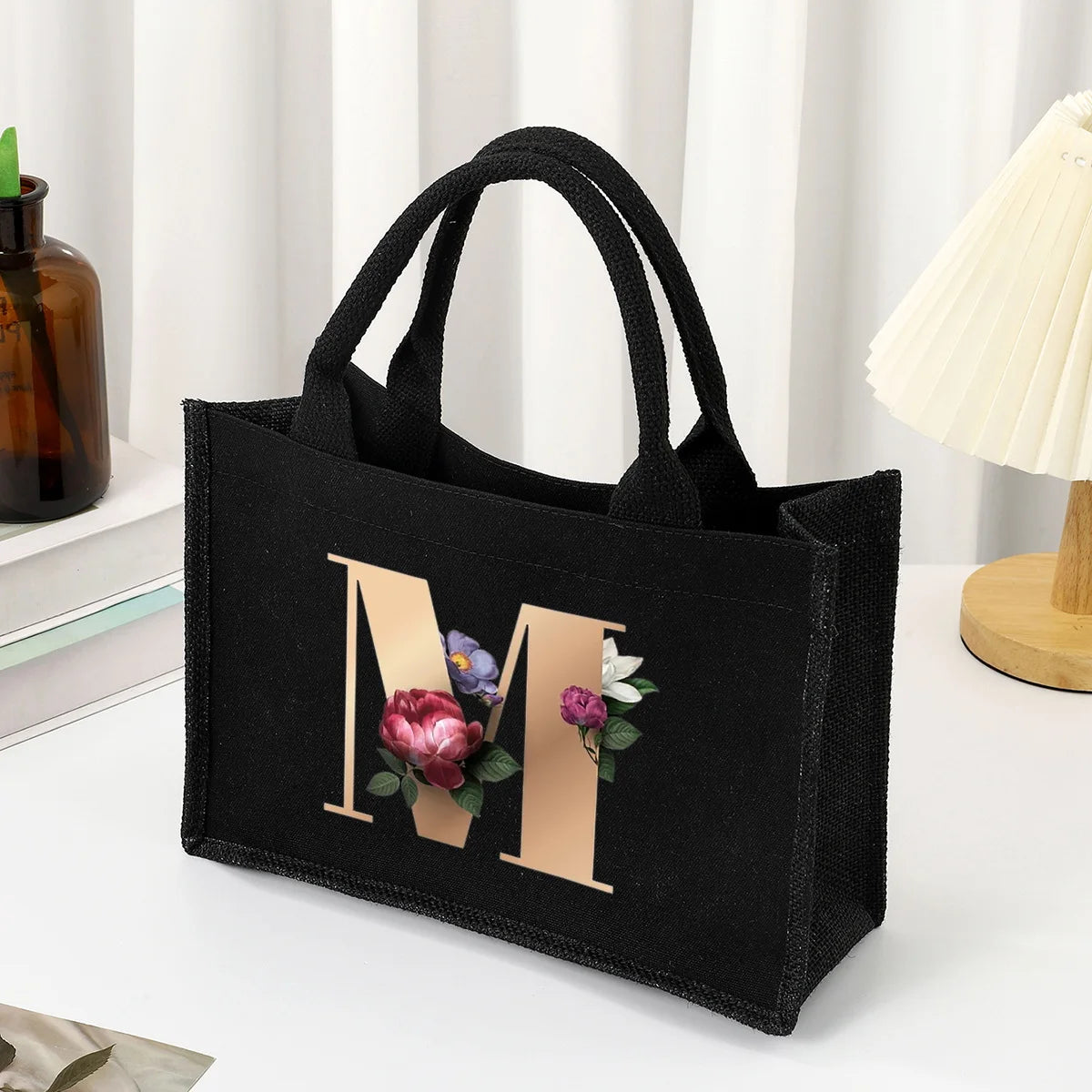 Black hand-held canvas bag, 26 letter printed women's handbag, large capacity portable leisure beach bag, indoor waterproof