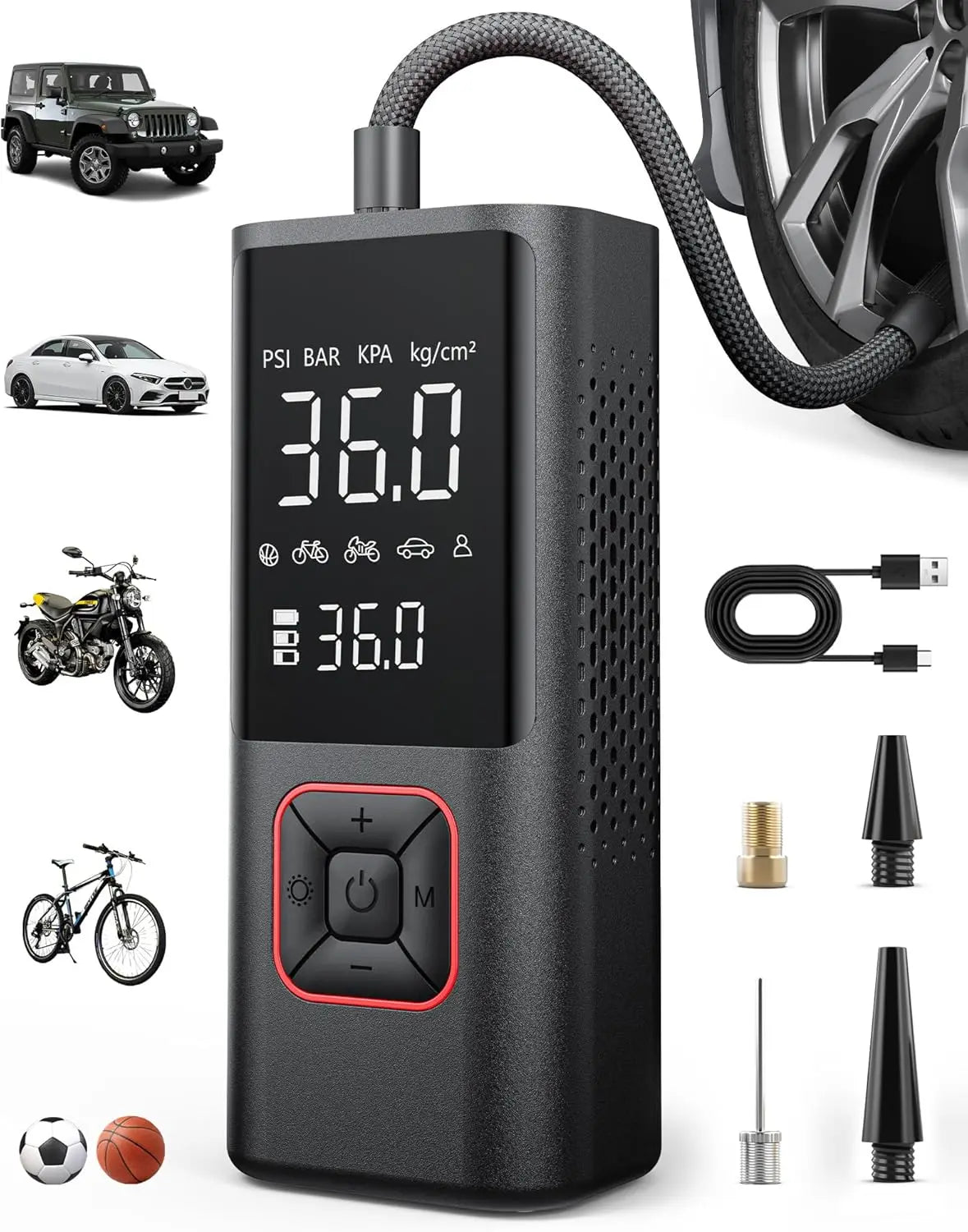 Cordless Tire Inflator 150PSI Portable Air Compressor with Auto Shutoff, LED Light for Car, Motorcycle, Bike