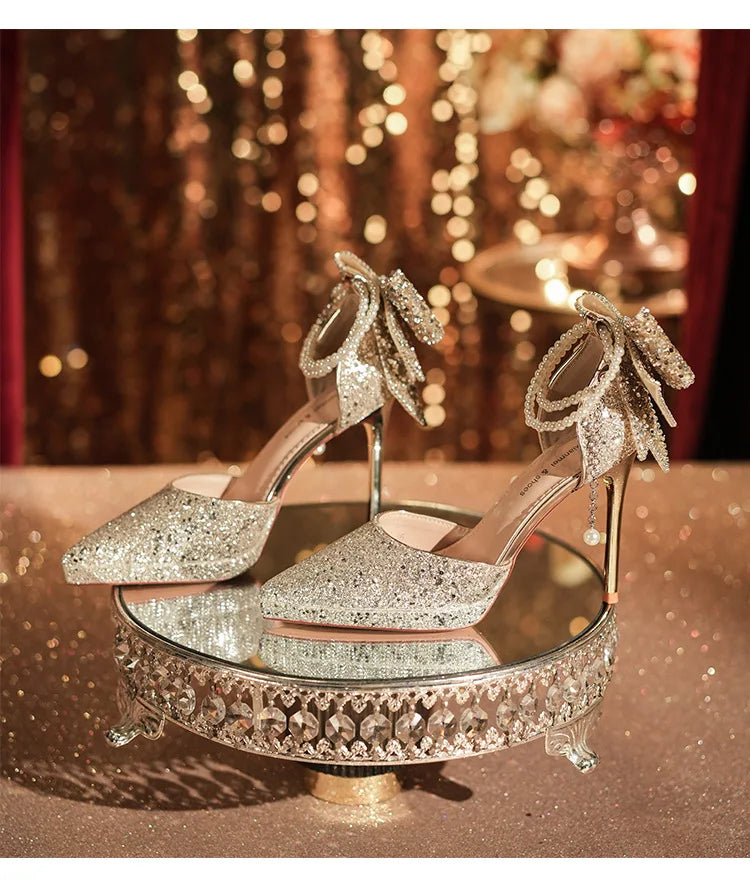 Shiny Glitter Bow Pearl Chain High Heels Wedding Banquet Dress Wedding Shoes Women's Shoes