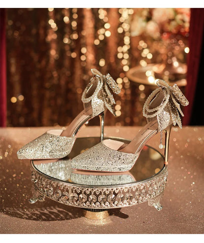 Shiny Glitter Bow Pearl Chain High Heels Wedding Banquet Dress Wedding Shoes Women's Shoes