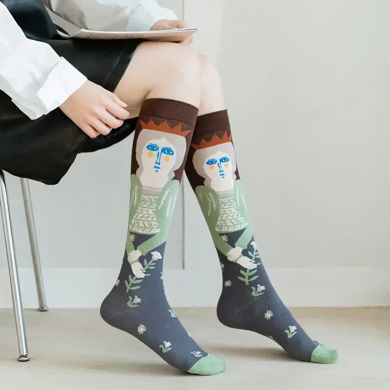 Socks Women's High Tube Calf Knee-length Socks Retro Illustration Art Abstract Street Autumn and Winter Cotton Socks High Sock