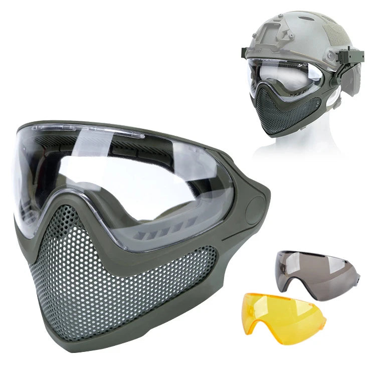 Tactical Full Face Mask Paintball Airsoft Cs Shooting Steel Mesh Breathable Protective Head/ Helmet Wearing Masks Hunting Gear