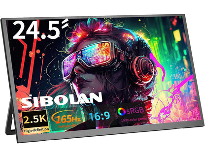 SIBOLAN 24.5 inch Portable Monitor 165Hz 2.5K 100sRGB UHD Large Gaming Screen HDMI USB C VESA Port for Laptop Mini PC Desktop