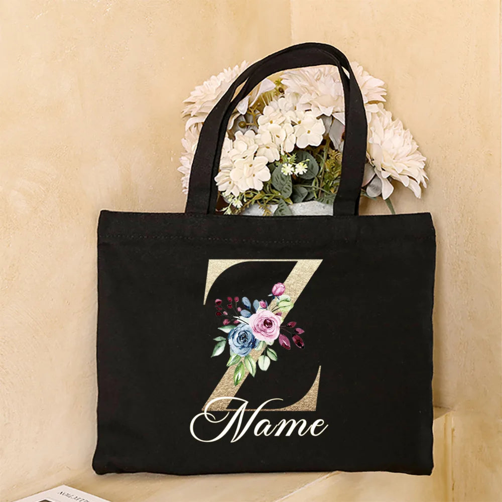 Personalized Initial with Name Tote Bag Women Canvas Shoulder Bags Monogram Shopping Bag Handbags Birthday Wedding Gifts for Her