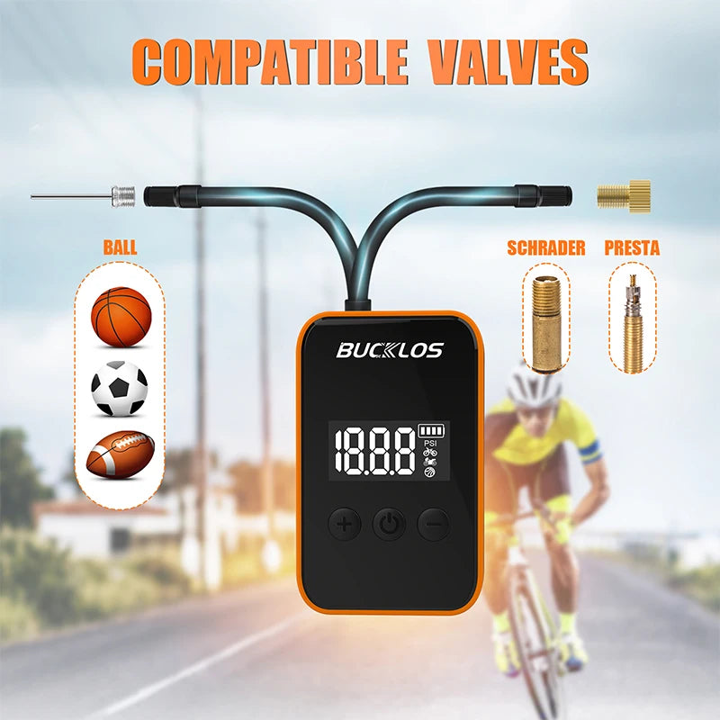 BUCKLOS Bike Mini Electric Tire Inflator 150PSI Bike Mini Air Pump Presta/Schrader Valve Portable Bicycle Air Pump Cycling Tools