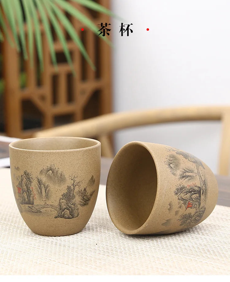Retro Japanese coarse pottery beam pot business gift ceramic kung fu tea set large teacup
