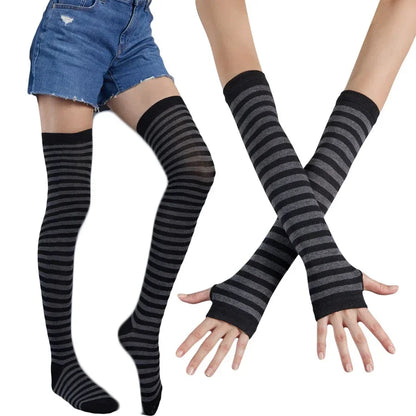 TRALOW Womens Socks Striped Knee High Socks Arm Warmer Fingerless Gloves Set Costume Accessories for Cosplay Christmas Punk