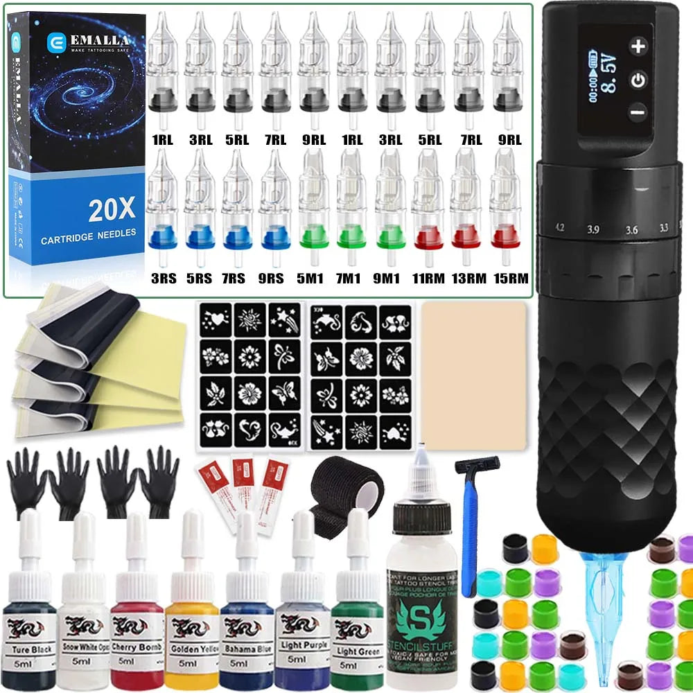 Professional Wireless Tattoo Kit 7 Stroke Tattoo Machine Sets EMALLA Cartridge Needles Transfer Paper Skins for Tattoo Beginners