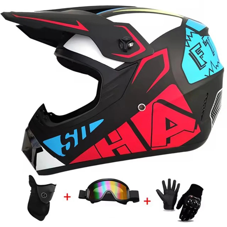 Kids Motocross Helmet Full-Face Kit - DOT & ECE Certified Motorcycle Helmet + Off-Road Goggles + Protective Gloves