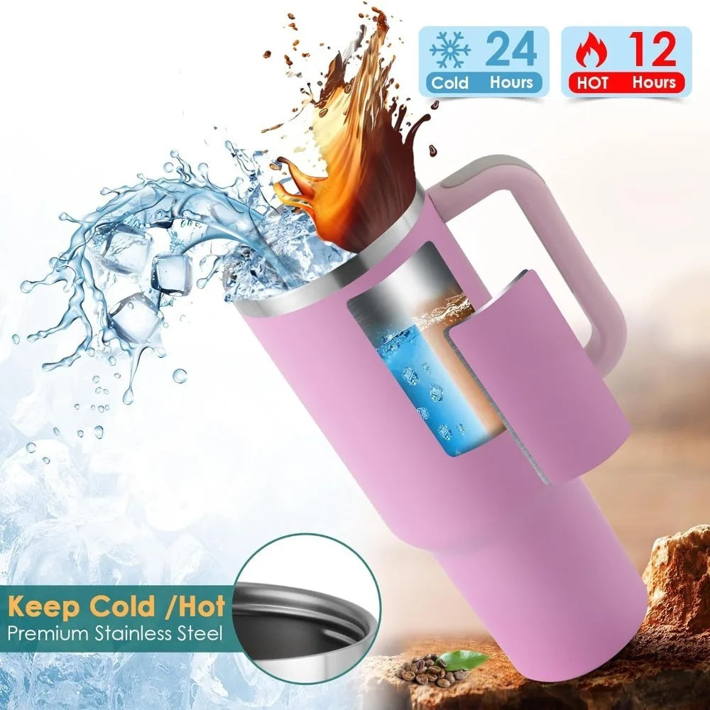 40 Oz Insulated Mug with Handle Straw and Lid. Stainless Steel Portable Drinking Mug, BPA free Keeps Water Hot or Cold Longer