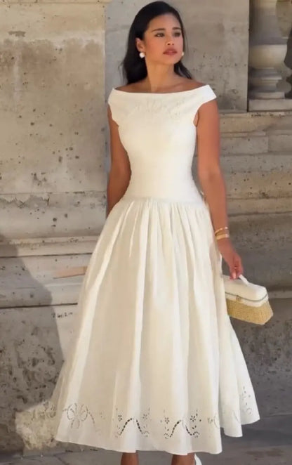 Minimalist White Boat Neck Midi Dress Women Elegant Cap Sleeve A-line Flare Eyelet Embroidery Vestido Wedding  Formal Party Gown