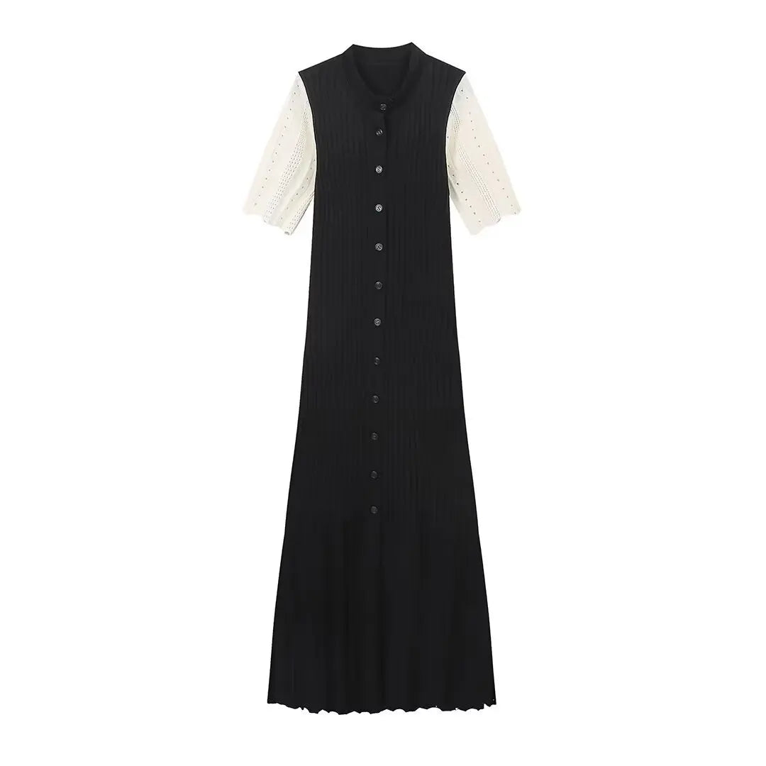 Elegant Knitted Single Breasted Midi Dress Women's Patchwork Dresses Female 2025 Summer Robe New Black Beige Robes Evening Party
