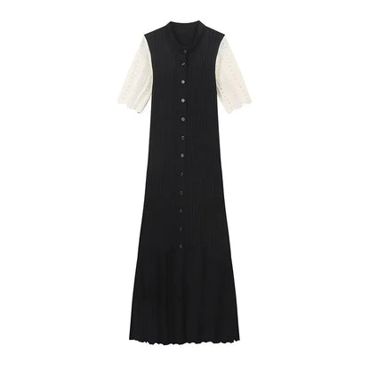 Elegant Knitted Single Breasted Midi Dress Women's Patchwork Dresses Female 2025 Summer Robe New Black Beige Robes Evening Party