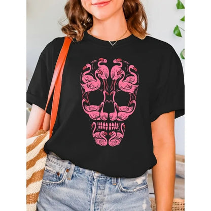 Pink Flamingo Skull Pink Flamingo Skull Breast Cancer Awareness Halloween Print T-Shirt Short Sleeve Crew Neck Casual Top