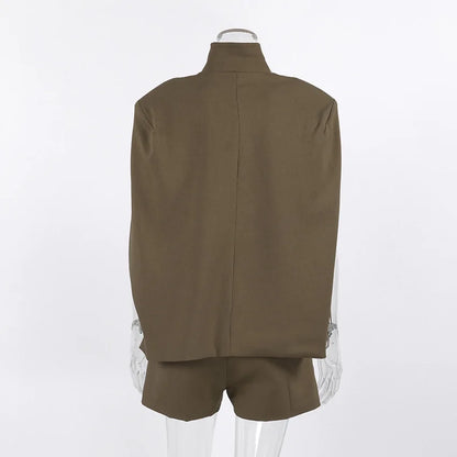 Two Piece Set Women Outfit 2026 New Spring Summer Retro Khaki Sleeveless Stand Collar Cape Sleeve Shirt Top & Casual Short Set