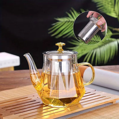 JUSTINLAU Glass Teapot Heat Resistant Borosilicate Clear Diamond Tea Kettles with Removable Stainless Steel Infuser Teaware Set