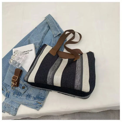 Tote Bag for Women Large Capacity Canvas Striped Shoulder Bag with Cute Pendant Commute Handbag Casual Versatile Crossbody Bag