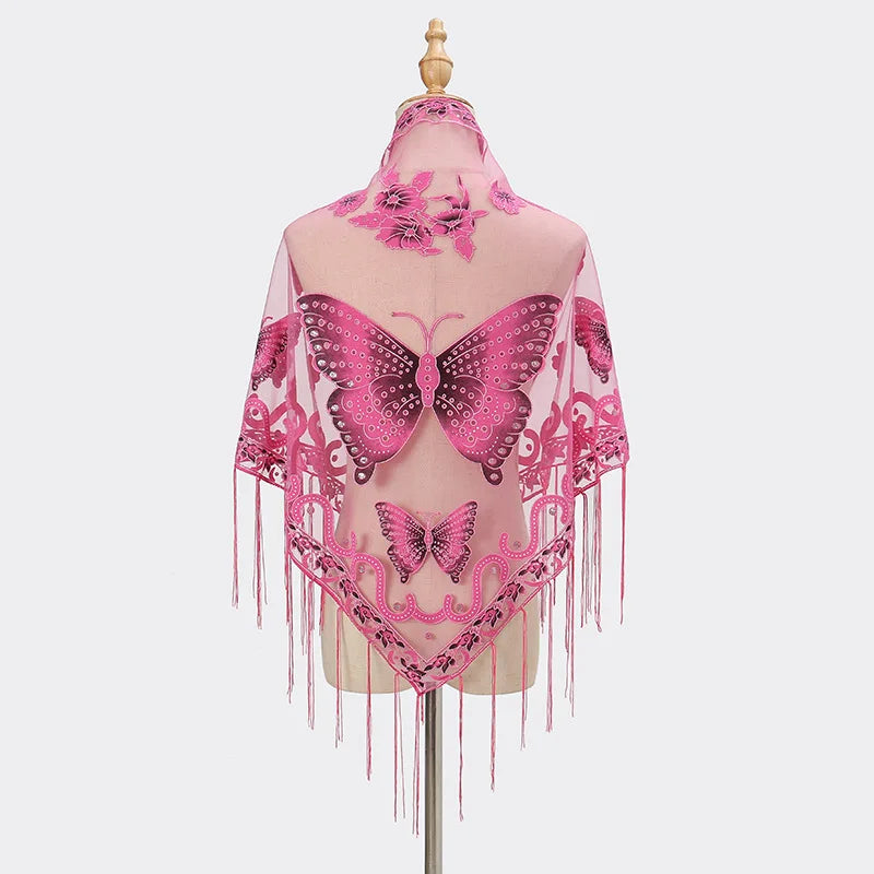 New Women Lace Tassel Triangular Scarf Solid Hollow-out Butterfly Embroidery Scarves Soft Lady Shawl Foulard Party Wrap Shawls