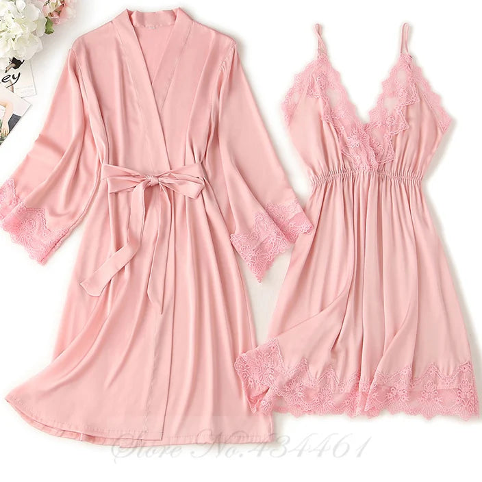 Burgundy 2PCS Robe Set Nightgown Sexy Lace Kimono Bathrobe Gown Nightdress Sleepwear Summer Satin Loose Home Wear Loungewear