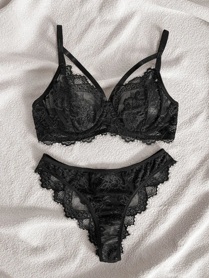 Women's Lingerie & Underwear， Eyelash Sxy Fancy Lace Strapping Underwire Bra &  Brazilian Panties ， Sexy Style