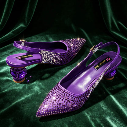 Hot Fuchsia Full Rhinestone Slingback Heels Matching Clutch Bag Set Women Luxury Crystal Pointed Shoes for Wedding Evening Party