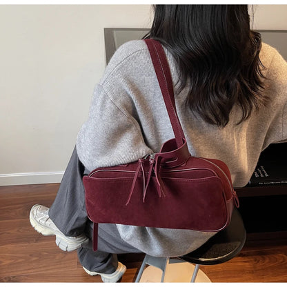 Retro Red Suede Wedding Shoulder Bag Luxury Designer Women Versatile Underarm Bags Elegant Female Large Capacity Handbags