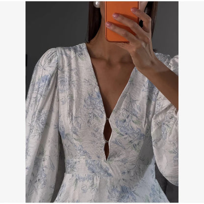 Sexy Deep V-neck Floral Printed  Long Sleeve Women Dress Fashion Waist-cinched Pleated Button-front Vestidos 2026 Daily Outfits