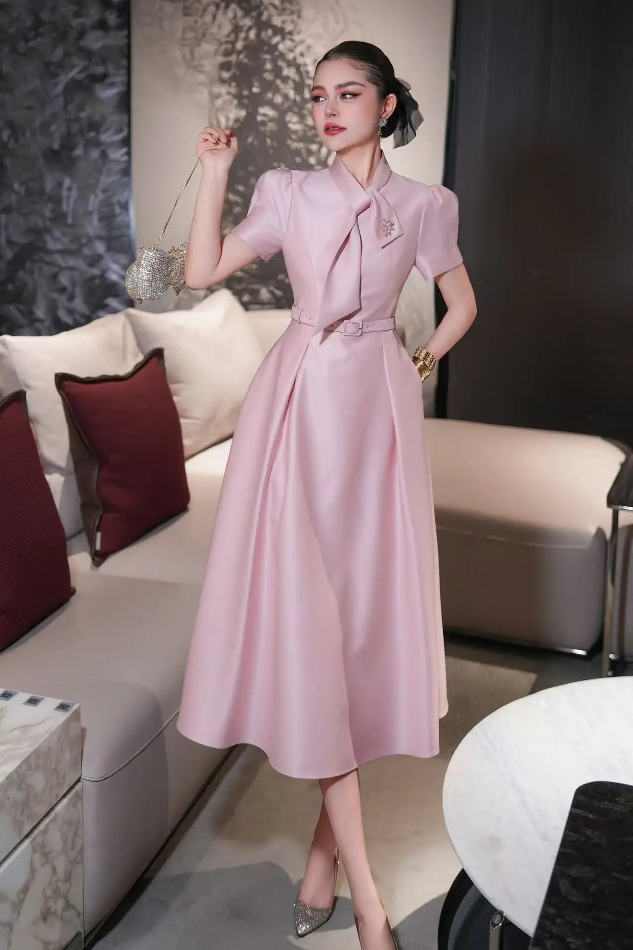 ZJYT Sweet Pink Bow Collar Dress for Women Short Sleeve Midi Formal Party Aline Vestidos Elegant Spring Summer Designer 2025 New