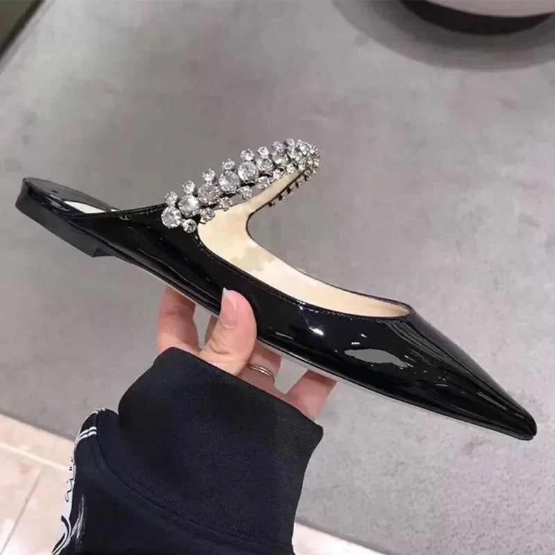 2025 New Fashionable Fine Heeled Muller Shoes with Pointed Water Diamond Chain Banquet Shallow Mouth Women's High Heel Sandals