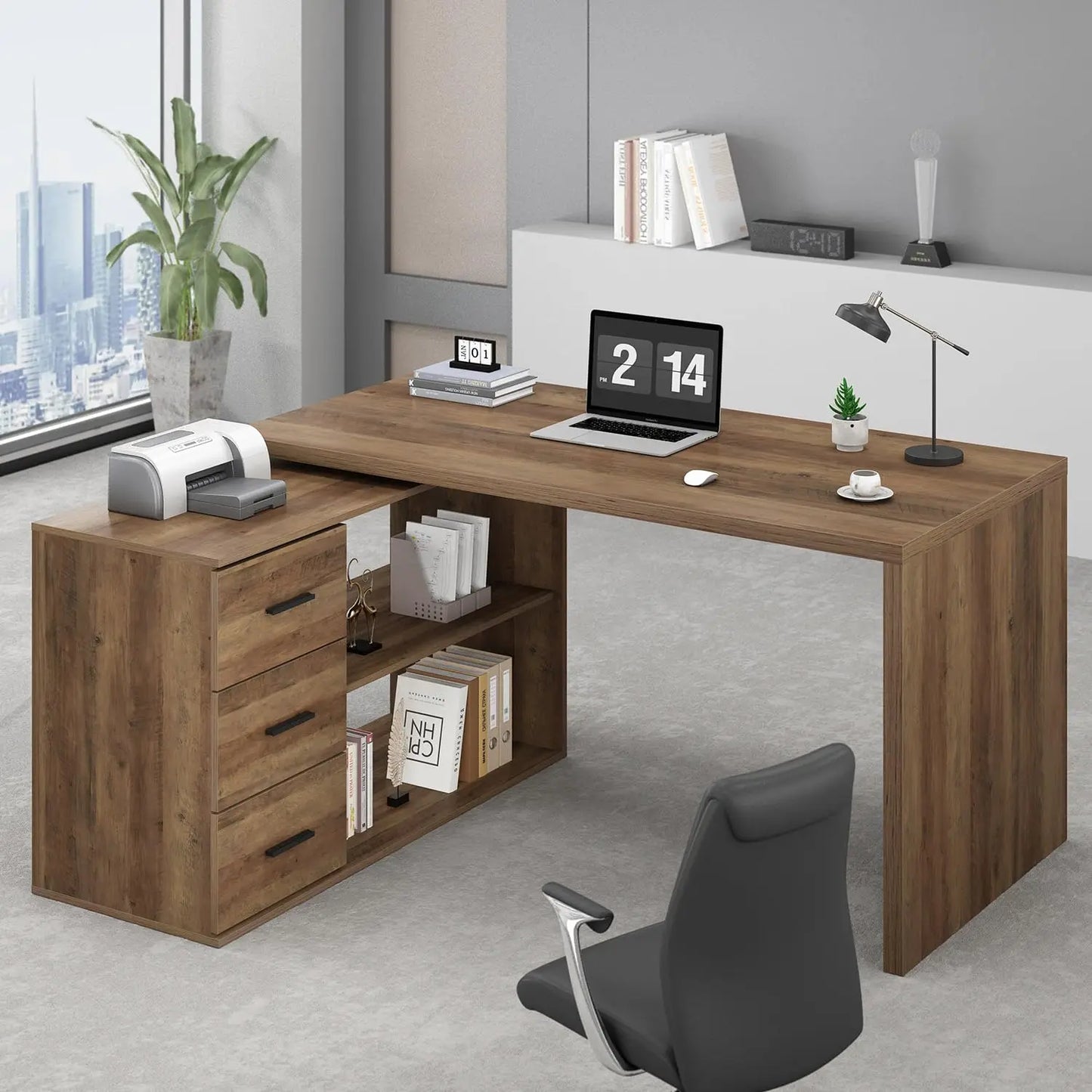 Black L Shaped Computer Desk with Drawers, L Shaped Home Office Desk with Storage Cabinet Shelves, Reversible, Customized