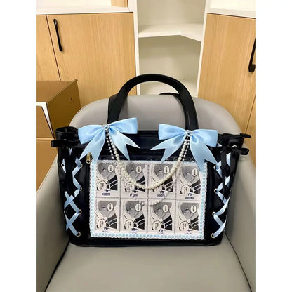 New Ribbon Cute Handbag for Women Large Capacity Transparent DIY Badge One-shoulder Tote Bag Japanese Sweet Girl Ulzzang Ita Bag