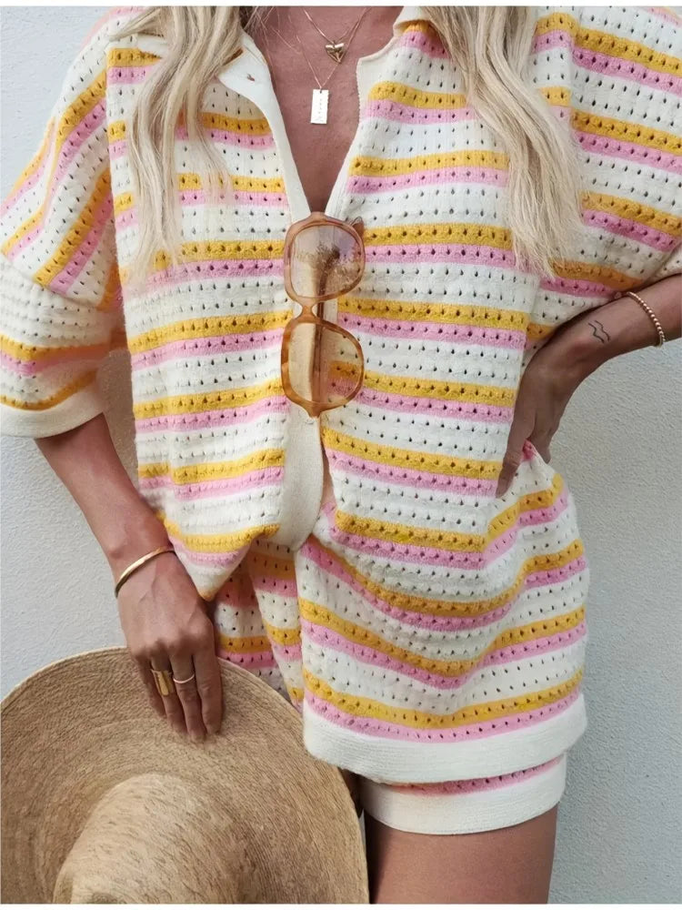 2026 Spring Summer Casual Beach Woolen Suit Fashionable Color-blocked Short-sleeved Striped Top And Loose Shorts Two-piece Set