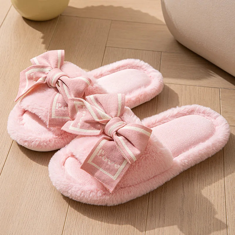 Love Fluffy Women's Slippers House Bow Luxury Designer Woman Shoes Flats Fuzzy Fur Slides Home Spring Autumn Elegant Soft Sole