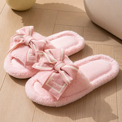 Love Fluffy Women's Slippers House Bow Luxury Designer Woman Shoes Flats Fuzzy Fur Slides Home Spring Autumn Elegant Soft Sole