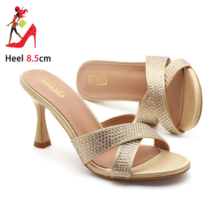 Rhinestone Slippers For Woman 2025 New Elegant Party Shoes Summer Thin High Heeled Slides Fashion Women Sandals Zapatos Mujer