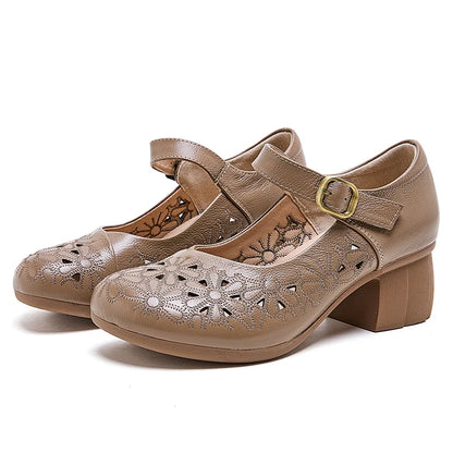 DIMANYU Women Floral Hollow Mary Jane Shoes Genuine Leather Mid Heel Summer Comfort Mother Shoes Ladies Dress Sandals