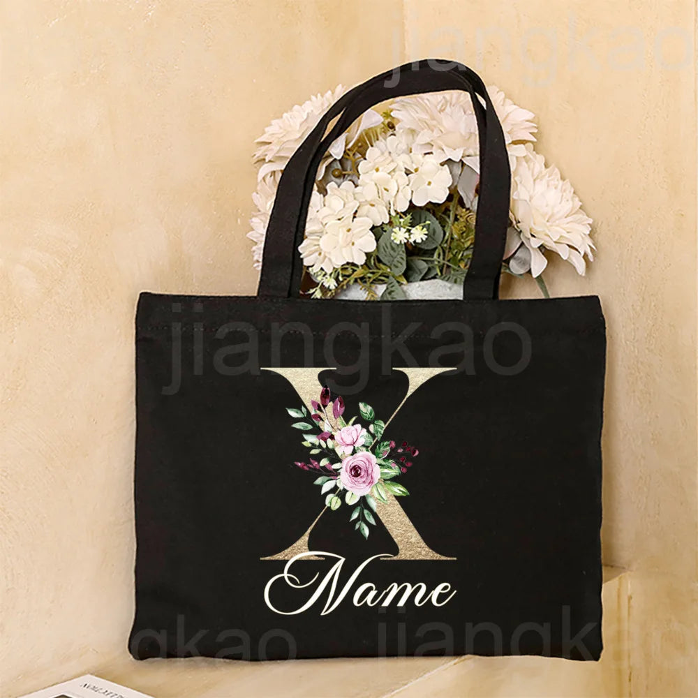 Personalized Initial with Name Tote Bag Women Canvas Shoulder Bags Monogram Shopping Bag Handbags Birthday Wedding Gifts for Her