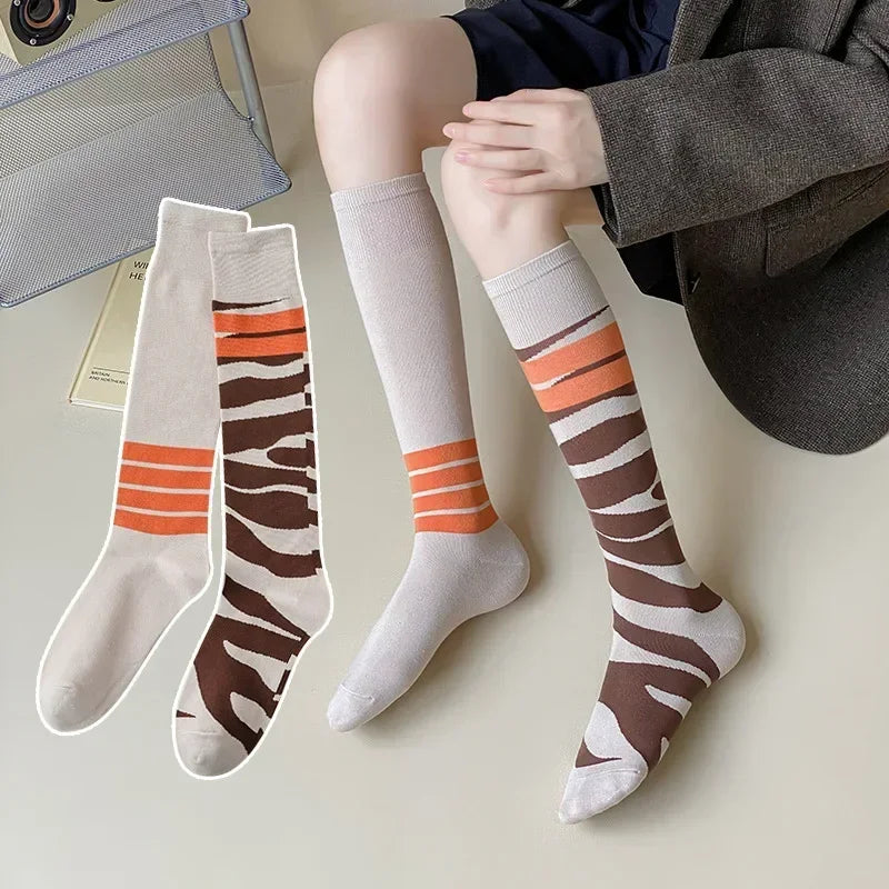 Socks Women's High Tube Calf Knee-length Socks Retro Illustration Art Abstract Street Autumn and Winter Cotton Socks High Sock