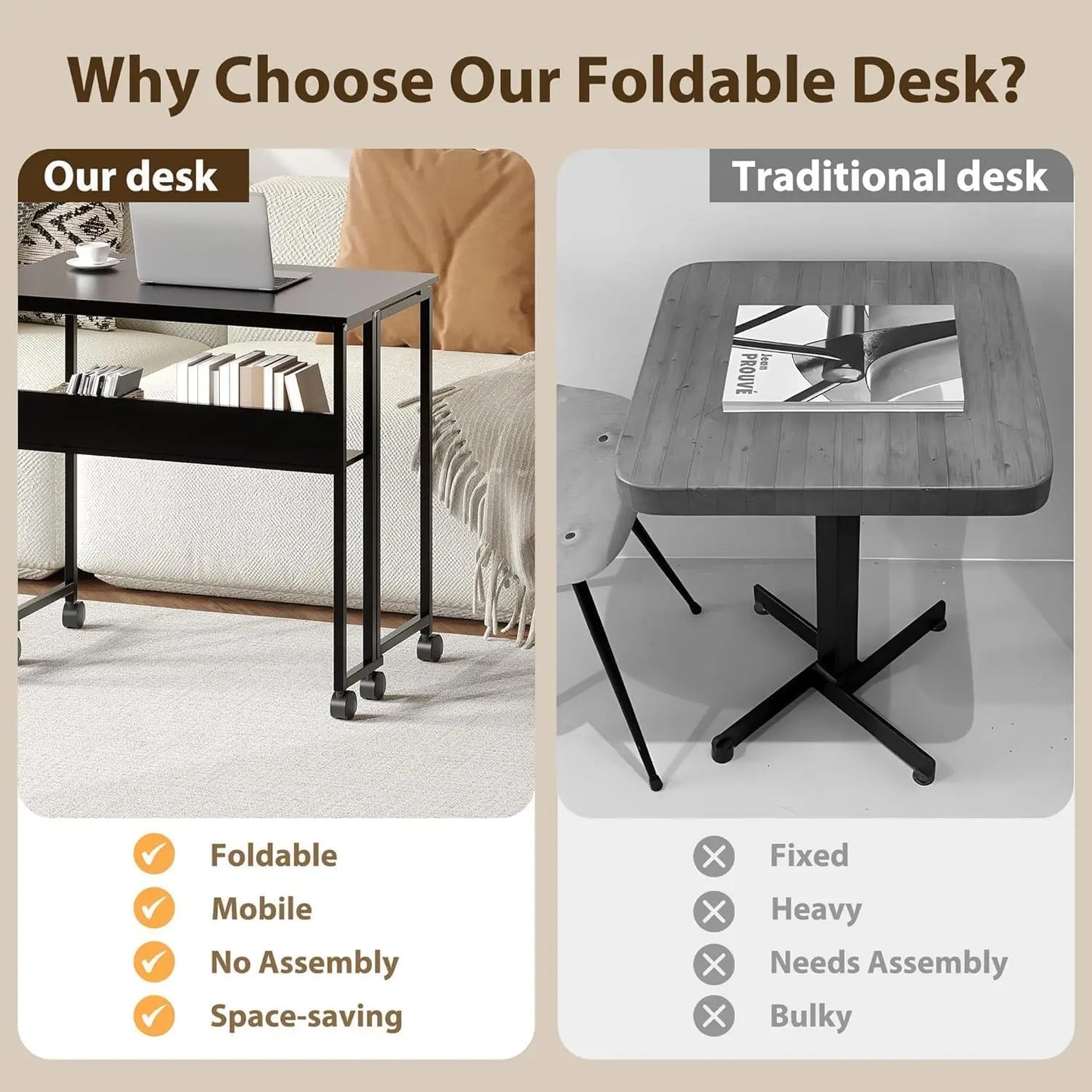 Black Folding Rolling Desk Space Saving with Laptop Table Storage Shelf Sturdy Frame Mobile Workstation Sofa Table with Wheels