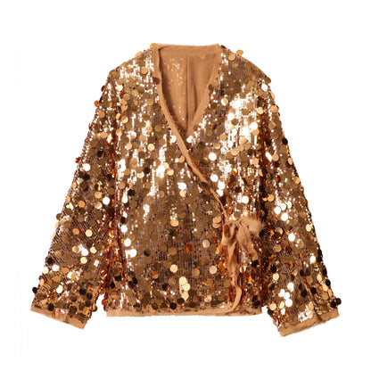 YENKYE New Autumn Women Sequin Kimono Jacket Coat Long Sleeve V Neck Female Casual Loose Outerwear Chic Lady Wrap Outfits