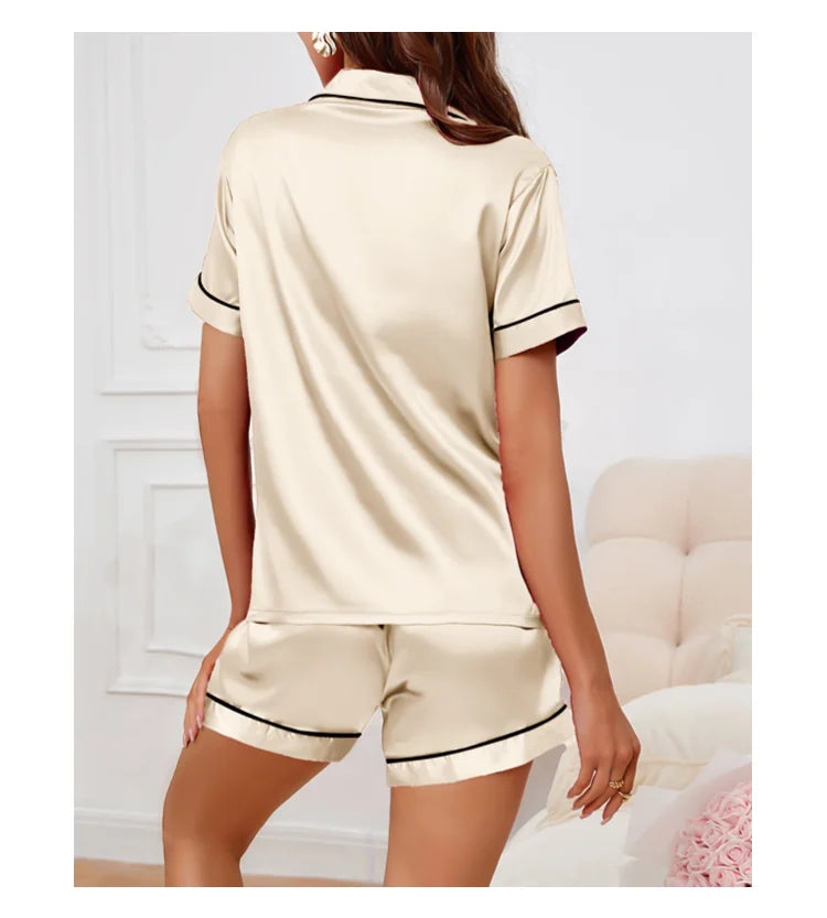 Women's Satin Pajama Set Summer Sleepwear Loungewear Short Sleeve Lapel Top & Shorts Pyjamas Button Home Clothes Pajamas Pjs Set