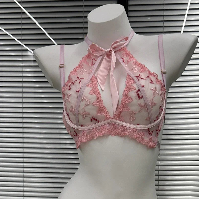Butterfly Mambo Bra Set 32-38, Embroidered Ribbon Bow Neckband Lingerie, Sexy Pure Desire Bralette and Panty Set Women Sexy AB