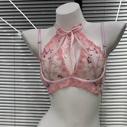 Butterfly Mambo Bra Set 32-38, Embroidered Ribbon Bow Neckband Lingerie, Sexy Pure Desire Bralette and Panty Set Women Sexy AB