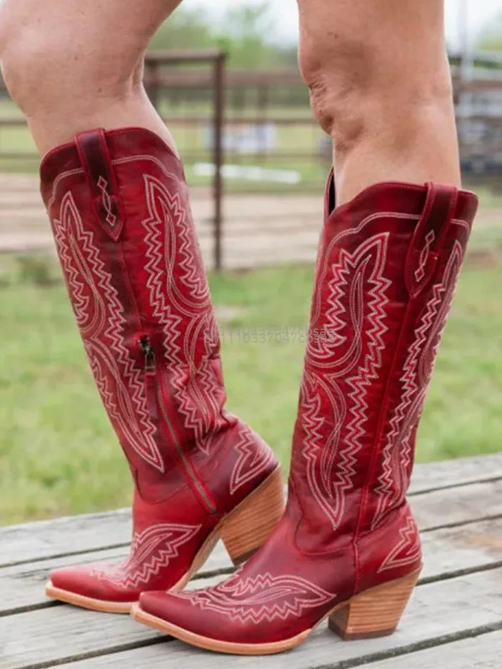 Women Western Cowboy Style Boots Pointed Thick High Heels Knee Length Embroidered Boot Autumn Block Heel Retro Casual Shoes