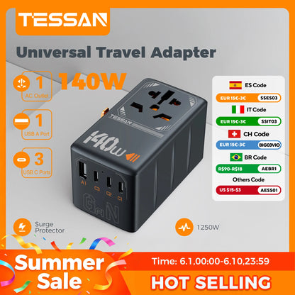 TESSAN International Plug Adaptor GaN Travel Adapter with Universal Outlet 1 USB A 3 Type C Fast Charger for EU/UK/USA/AUS