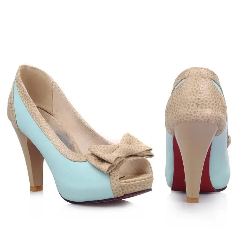 Women's Pumps Shoes High Heels Dress Pump Peep Toe Sweet Bowtie Nude Blue Working Party Wedding Shoes Female 2025 Spring