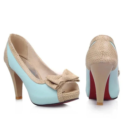Women's Pumps Shoes High Heels Dress Pump Peep Toe Sweet Bowtie Nude Blue Working Party Wedding Shoes Female 2025 Spring