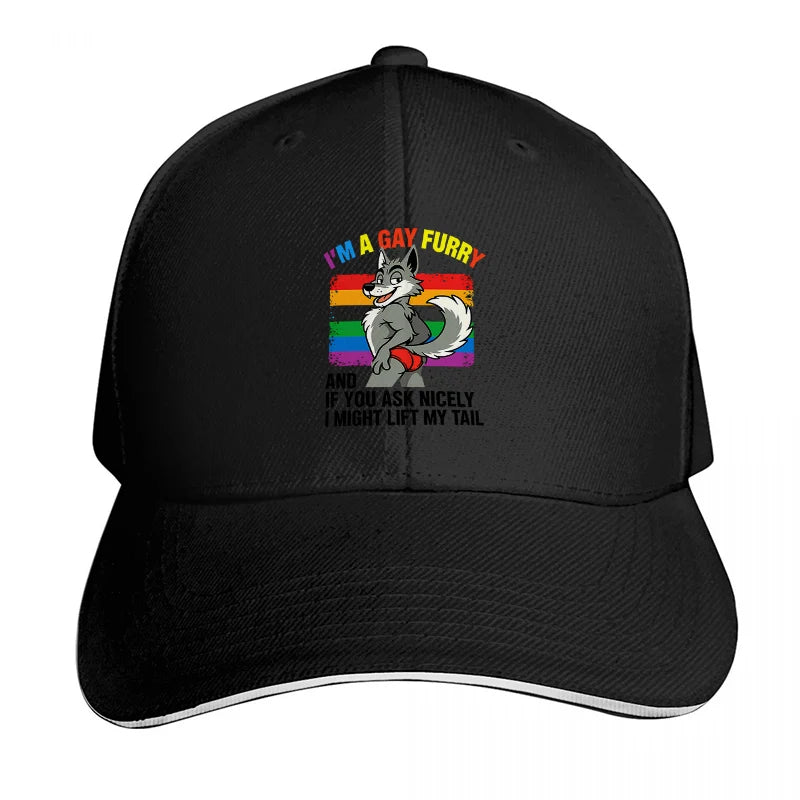 I AM A GAY FURRY PRIDE RAINBOW DRAGON DESIGN BASEBALL CAP BLACK ADJUSTABLE FIT UNISEX HAT LGBTQ+ FAN APPAREL