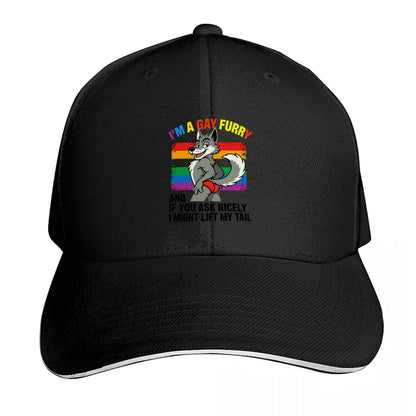 I AM A GAY FURRY PRIDE RAINBOW DRAGON DESIGN BASEBALL CAP BLACK ADJUSTABLE FIT UNISEX HAT LGBTQ+ FAN APPAREL