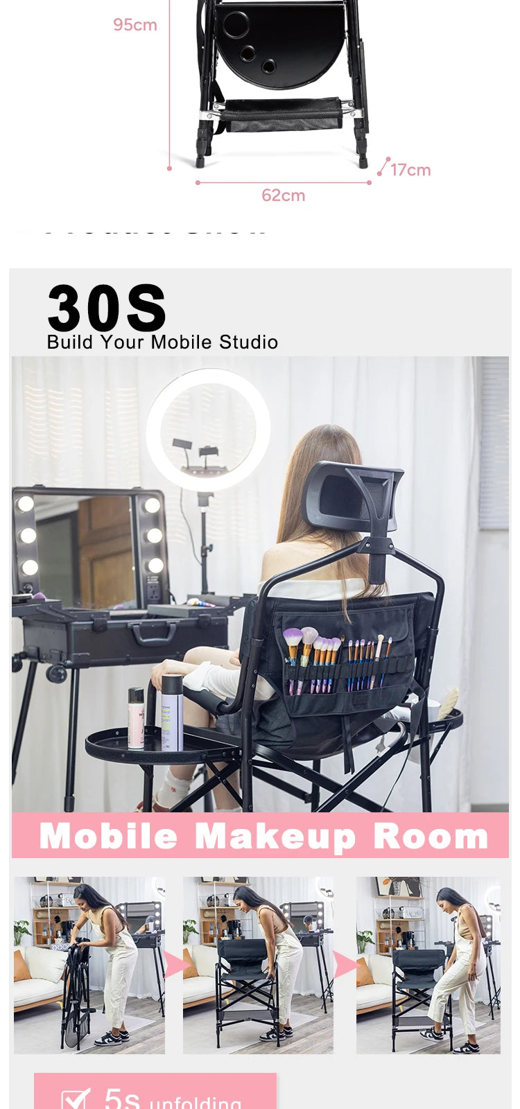 Simpleme Lightweight Aluminum Portable Folding Tall Director Adjustable High Makeup Artist Chair With Headrest